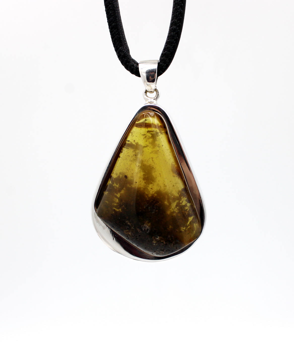 Moderner Bernsteinanhänger 925er Silber mit 4mm Rindsleder im 3D Display